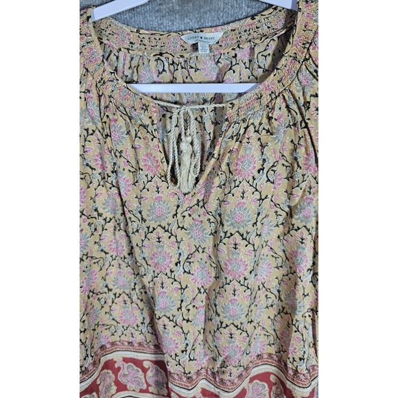 Lucky Brand Floral Top Womens Size L Boho Cottagecore Prairie Keyhole Tassel Tie - Picture 6 of 10